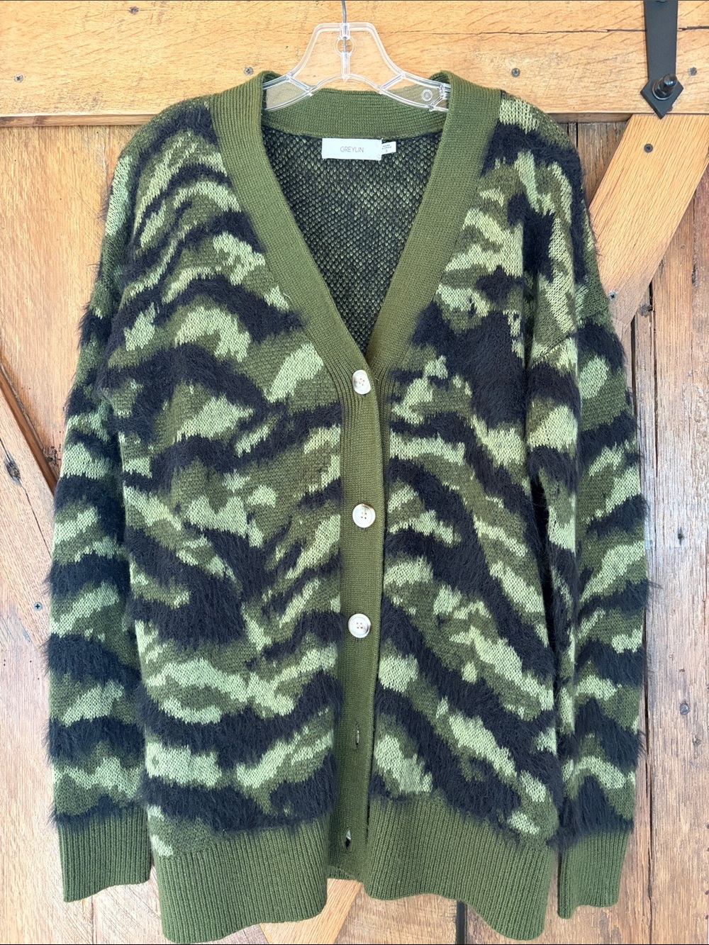 Greylin Size Small Olive Green & Black Camo-Pattern Button Down Cardigan